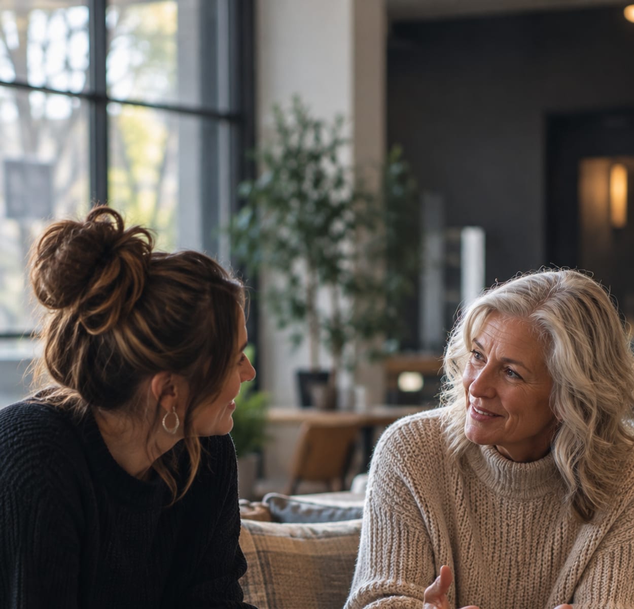 Two women in conversation over coffee in a living room.