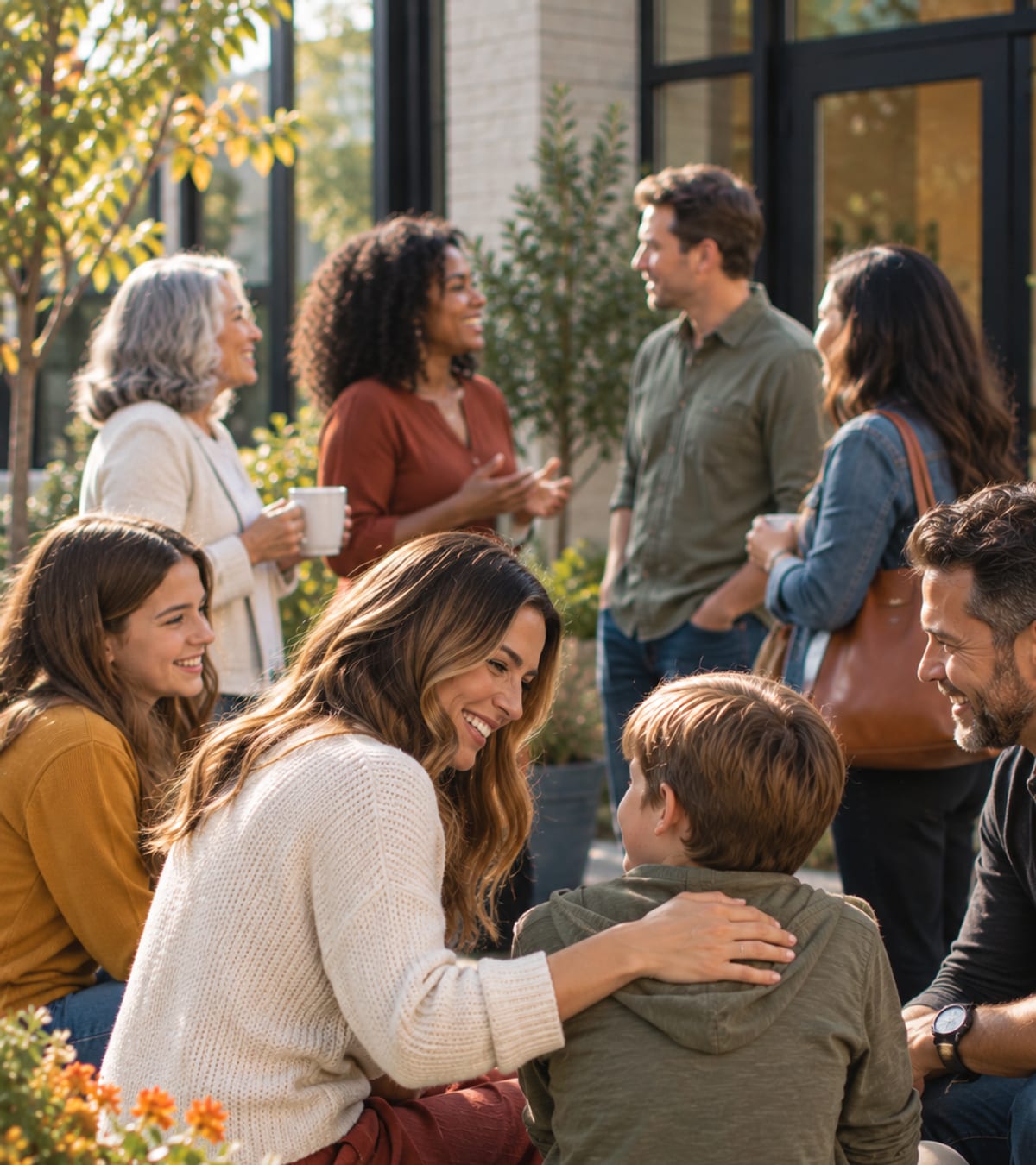 Families and friends talking together outdoors after a gathering.